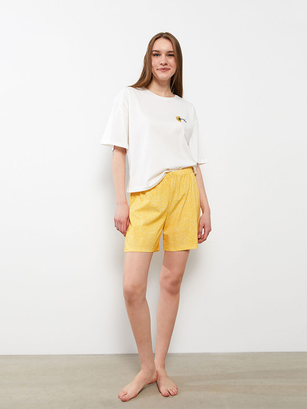 Sarı Bisiklet Yaka Baskılı Kısa Kollu Pamuklu Kadın Pijama Takımı