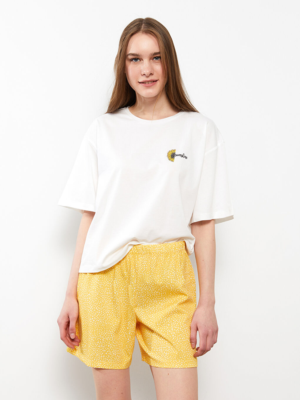 Sarı Bisiklet Yaka Baskılı Kısa Kollu Pamuklu Kadın Pijama Takımı-1