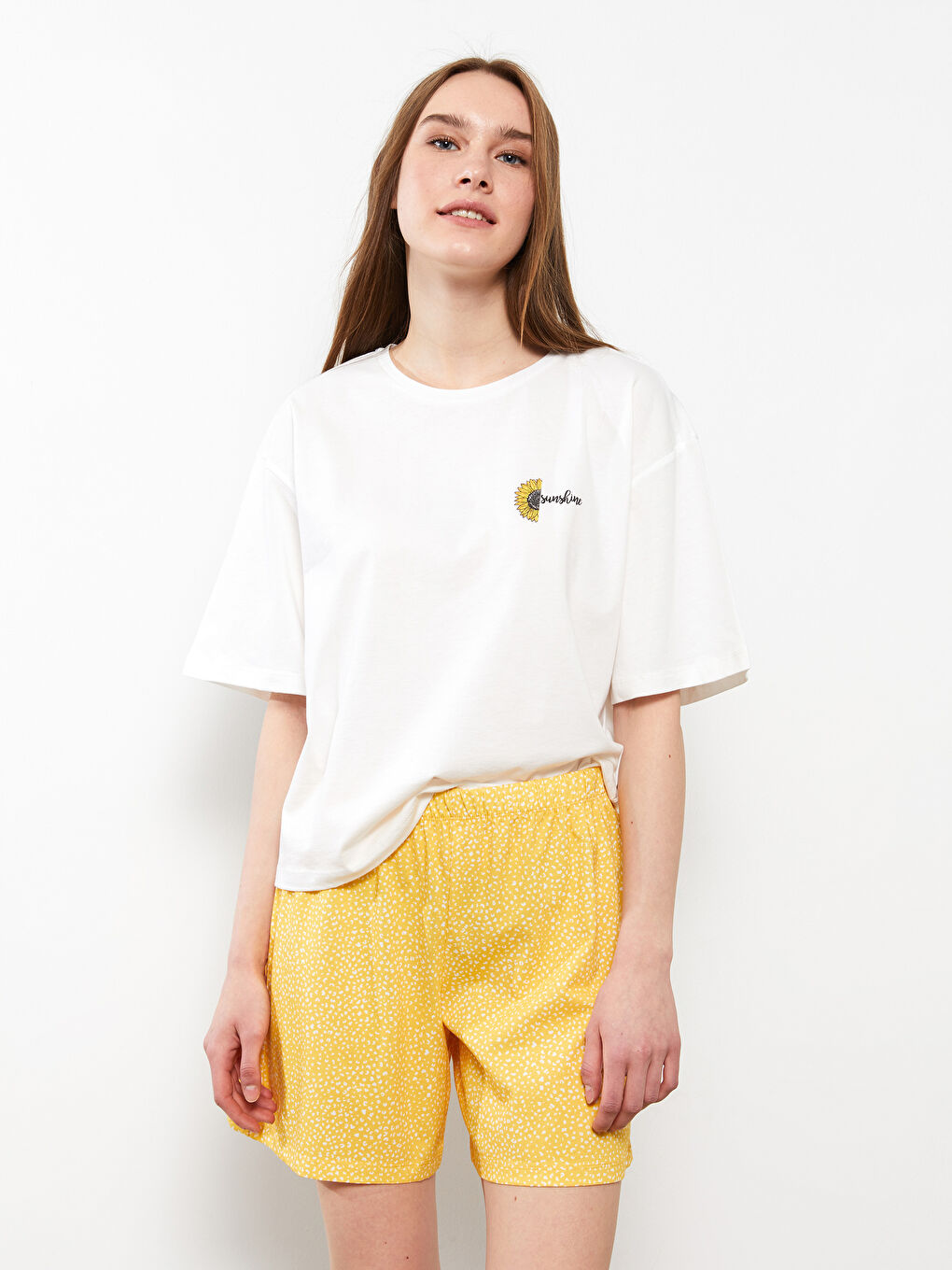 Sarı Bisiklet Yaka Baskılı Kısa Kollu Pamuklu Kadın Pijama Takımı-2