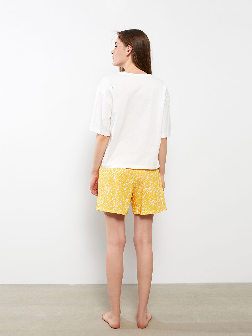 Sarı Bisiklet Yaka Baskılı Kısa Kollu Pamuklu Kadın Pijama Takımı-4