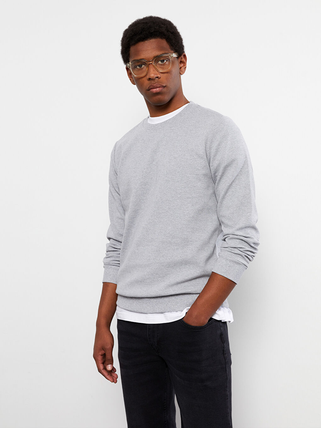 Gri Bisiklet Yaka Uzun Kollu Erkek Sweatshirt-1