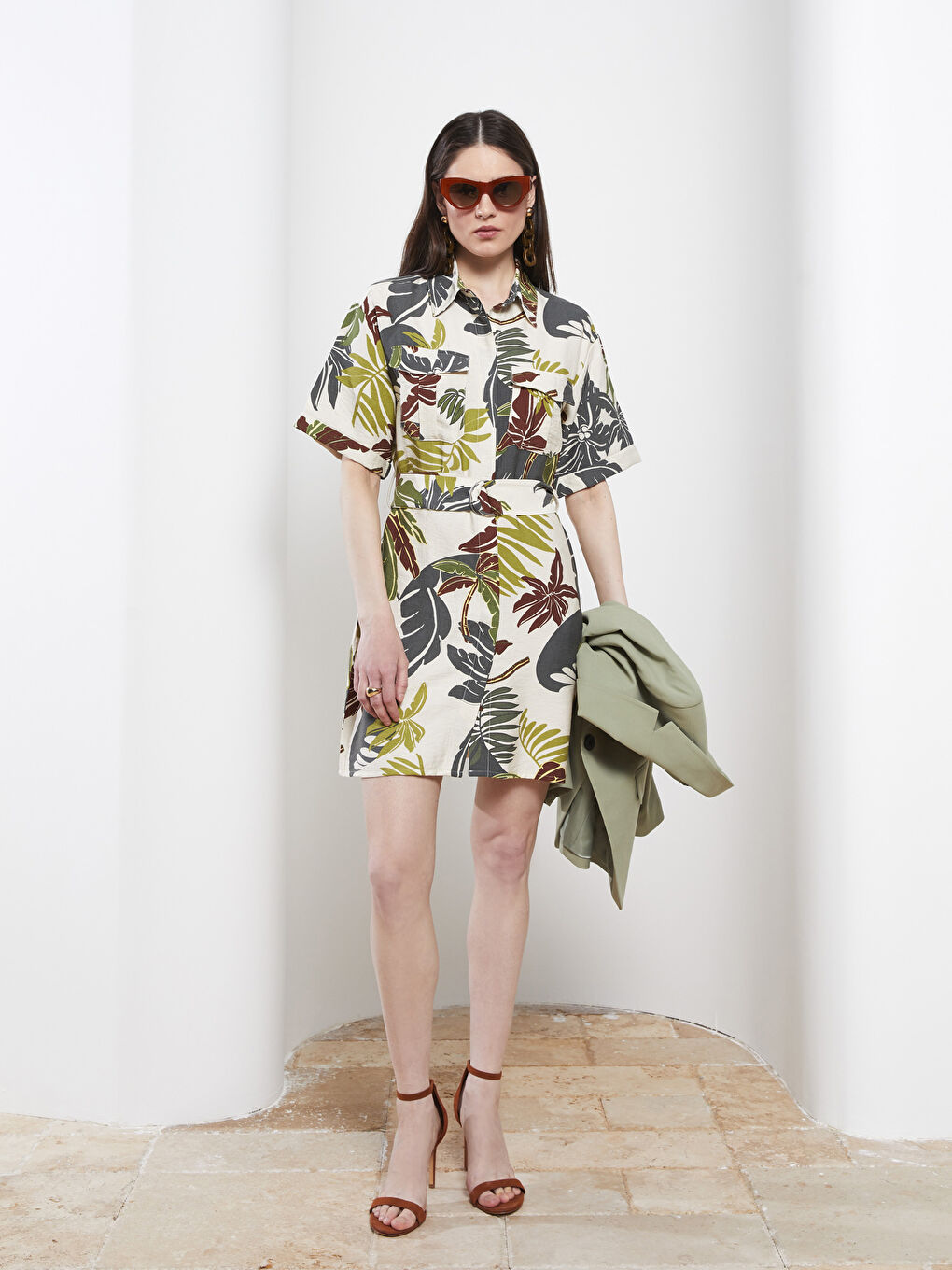 Ekru Desenli Kısa Kollu Kadın Gömlek Elbise