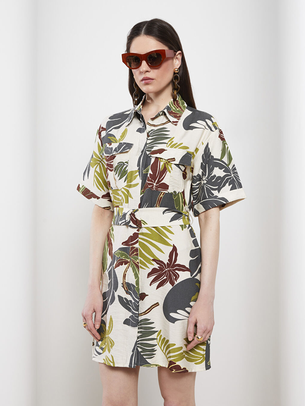 Ekru Desenli Kısa Kollu Kadın Gömlek Elbise-2