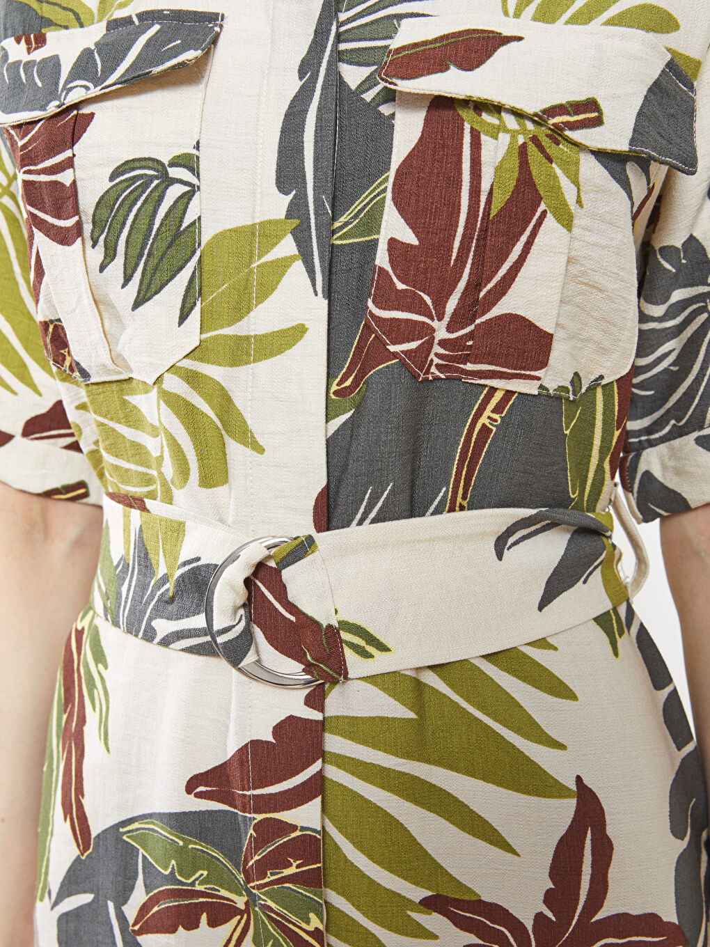 Ekru Desenli Kısa Kollu Kadın Gömlek Elbise-3