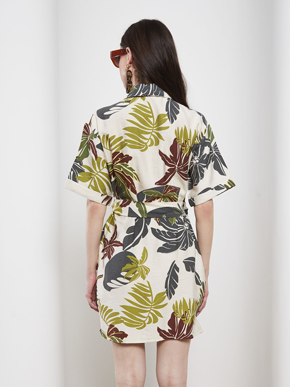 Ekru Desenli Kısa Kollu Kadın Gömlek Elbise-4