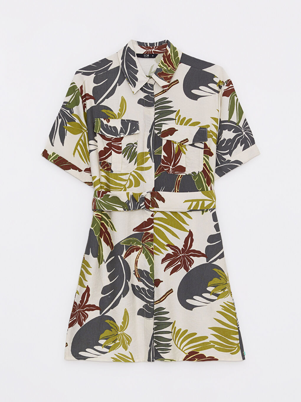 Ekru Desenli Kısa Kollu Kadın Gömlek Elbise-5