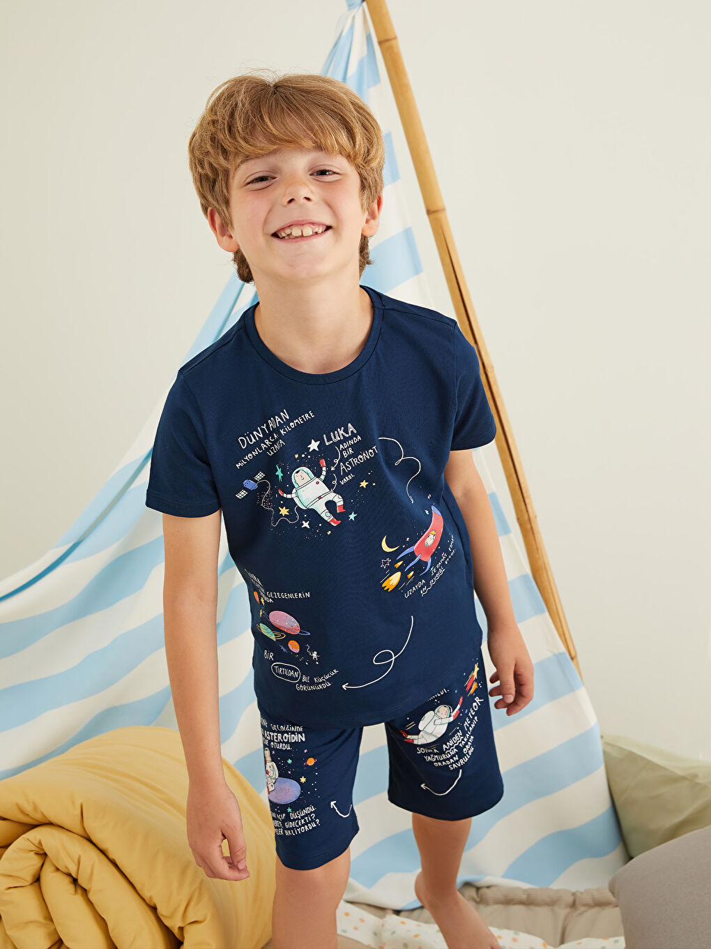 Lacivert Bisiklet Yaka Baskılı Kısa Kollu Erkek Çocuk Şortlu Pijama Takımı