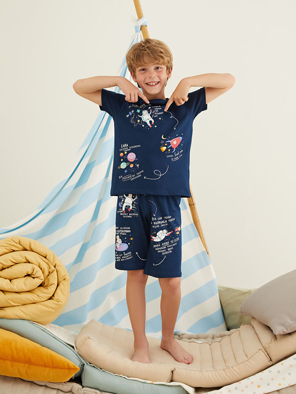 Lacivert Bisiklet Yaka Baskılı Kısa Kollu Erkek Çocuk Şortlu Pijama Takımı-1