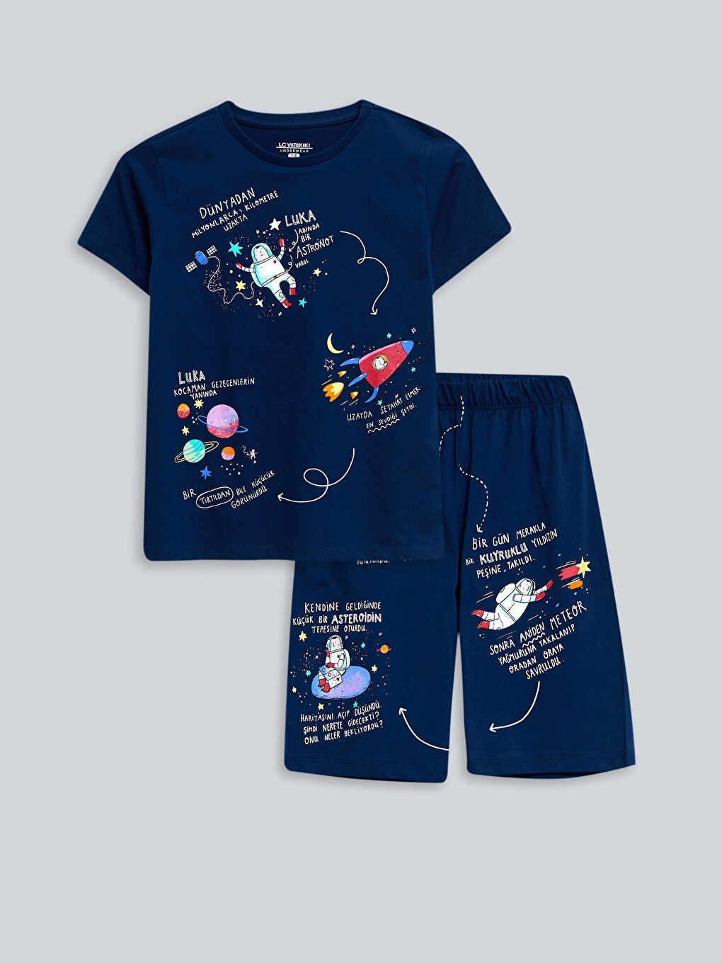 Lacivert Bisiklet Yaka Baskılı Kısa Kollu Erkek Çocuk Şortlu Pijama Takımı-3
