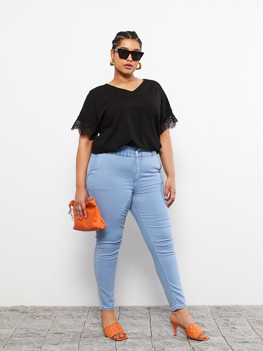 İndigo Kadın Büyük Beden Beli Lastikli Düz Jean Pantolon