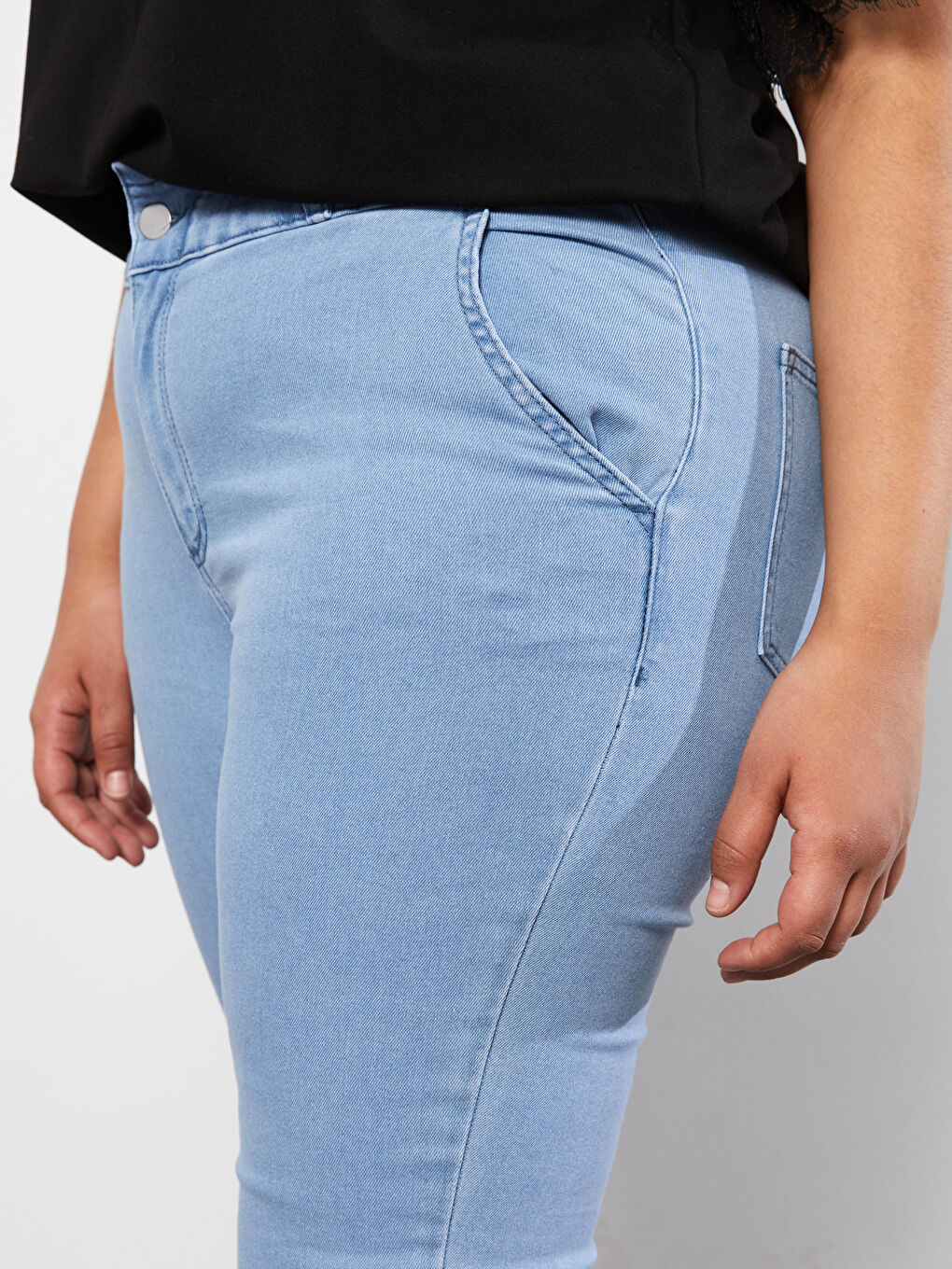 İndigo Kadın Büyük Beden Beli Lastikli Düz Jean Pantolon-2