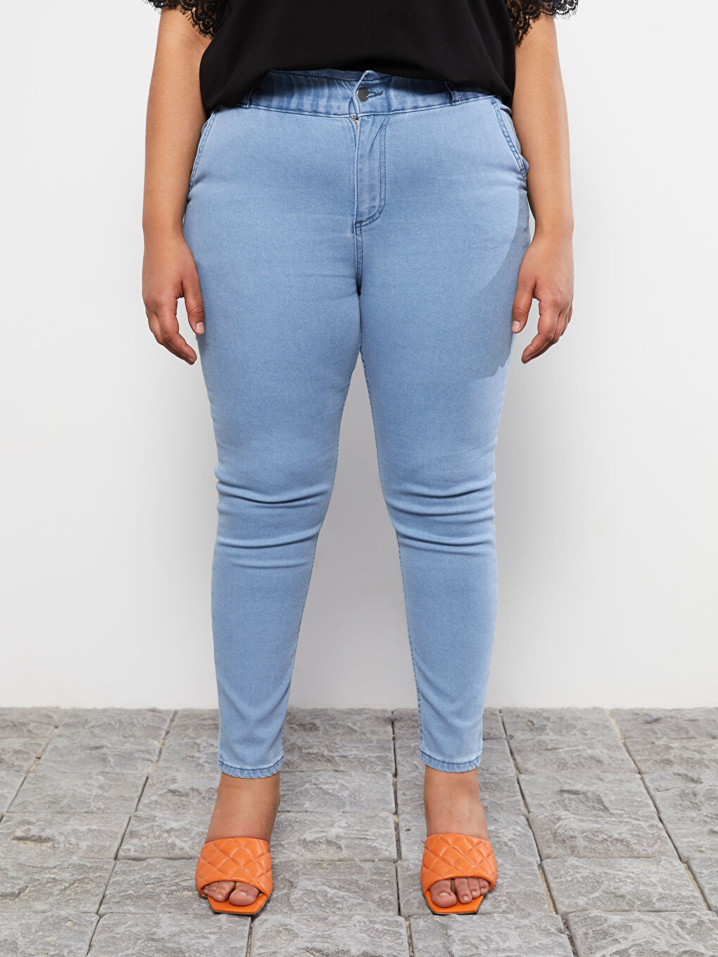 İndigo Kadın Büyük Beden Beli Lastikli Düz Jean Pantolon-3