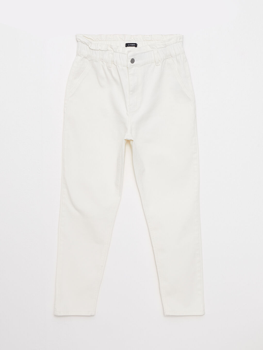 Ekru Kadın Büyük Beden Beli Lastikli Düz Jean Pantolon-5