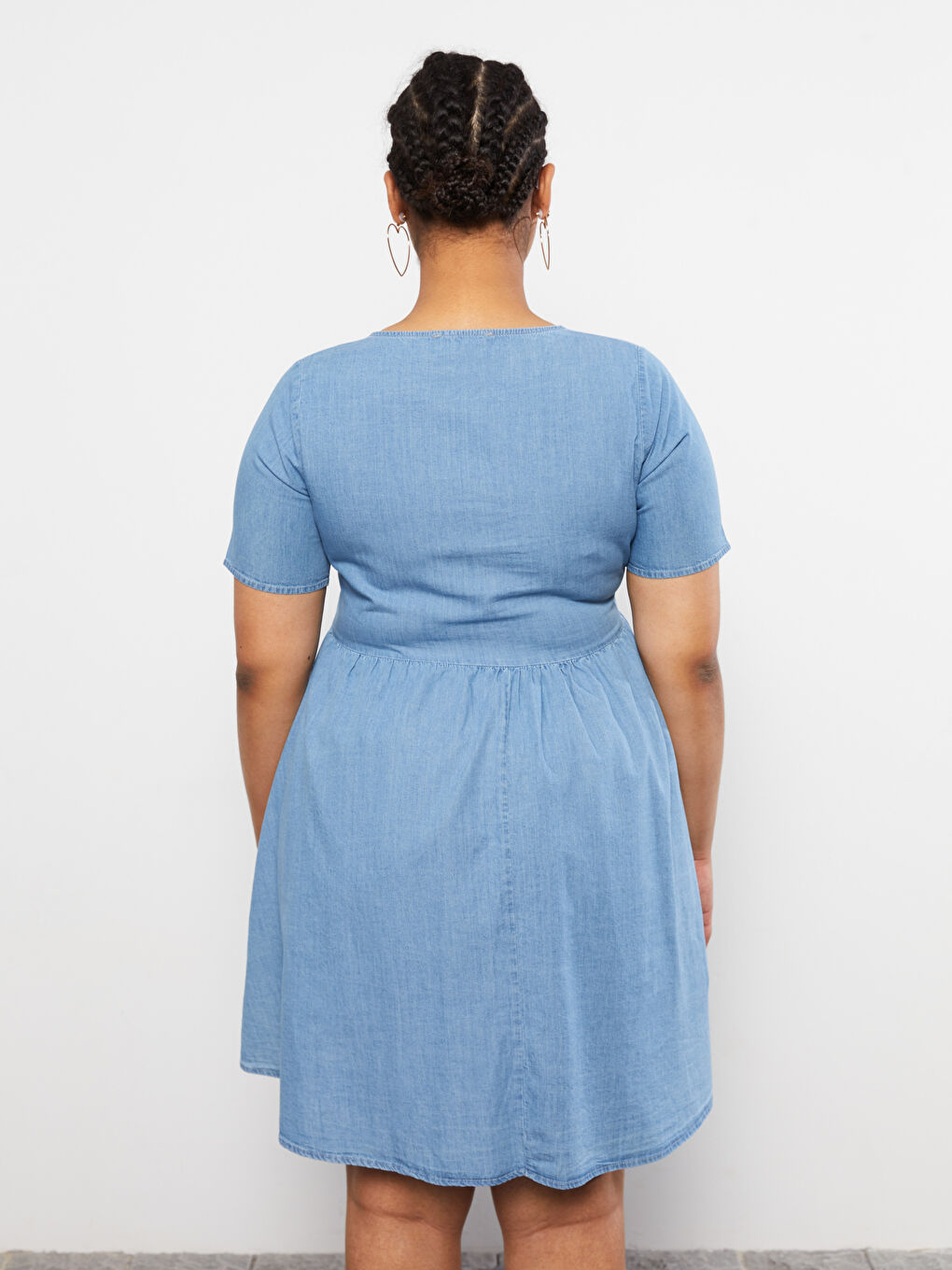 İndigo Büyük Beden V Yaka Düz Kısa Kollu Kadın Jean Elbise-4