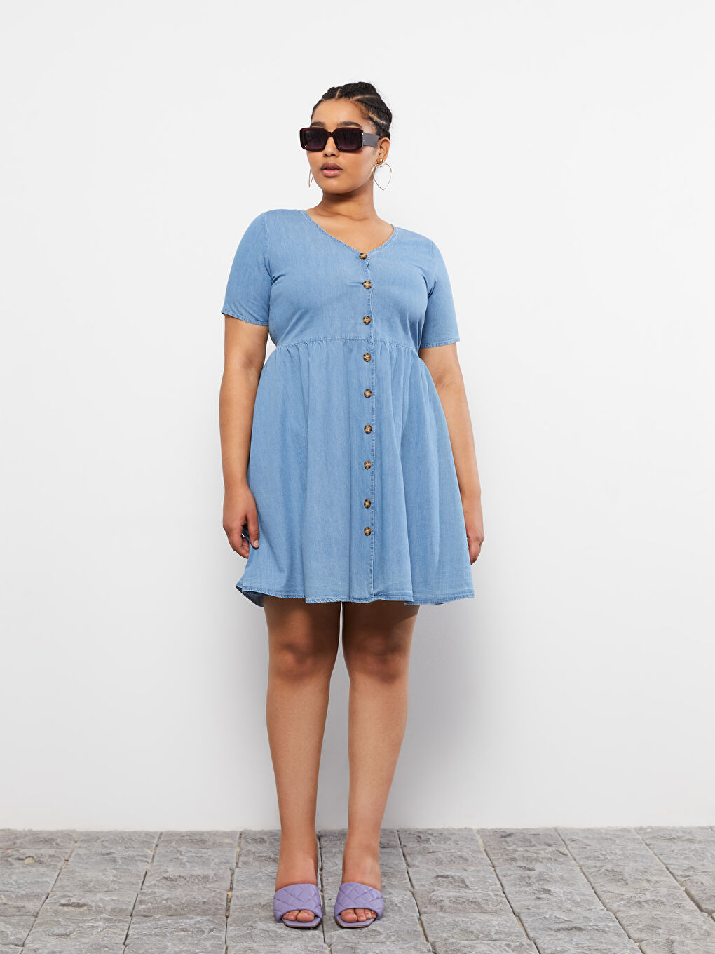 İndigo Büyük Beden V Yaka Düz Kısa Kollu Kadın Jean Elbise-1