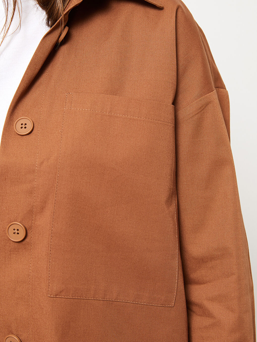 Kahverengi Düz Uzun Kollu Oversize Gabardin Kadın Gömlek Tunik-4