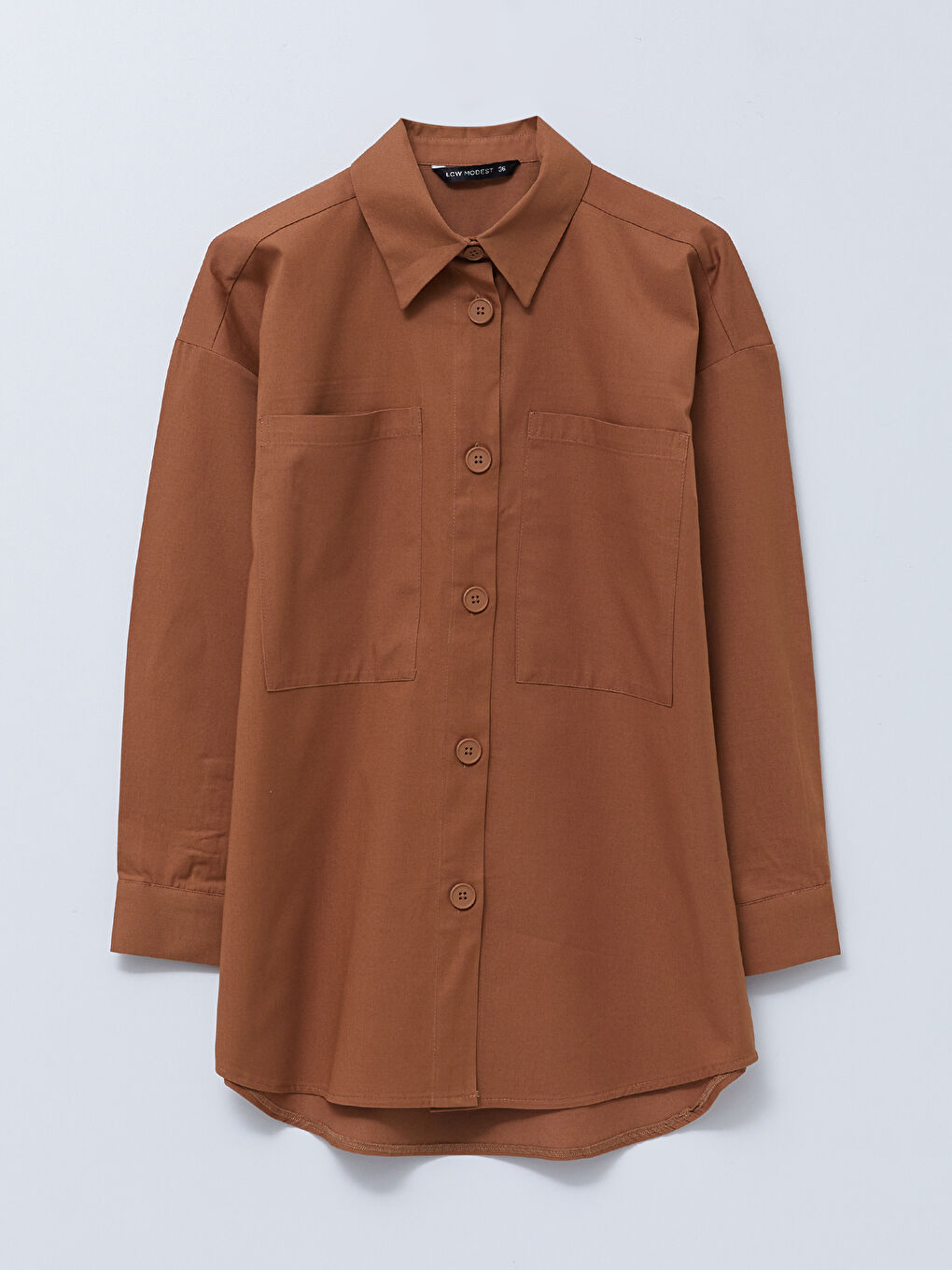 Kahverengi Düz Uzun Kollu Oversize Gabardin Kadın Gömlek Tunik-6