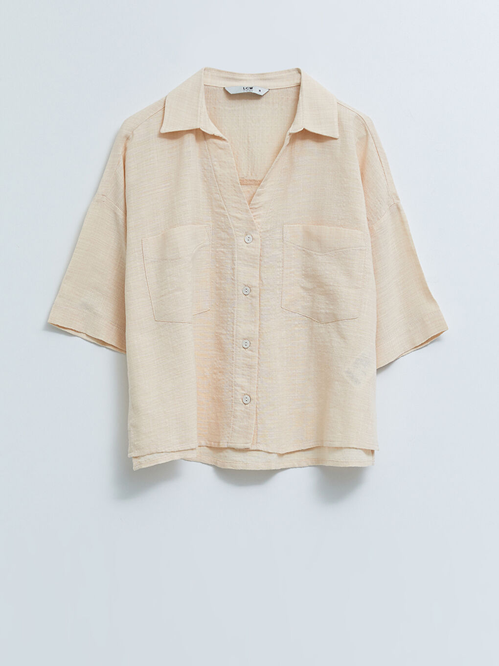 Bej Önden Düğme Kapamalı Düz Kısa Kollu Kadın Gömlek-5