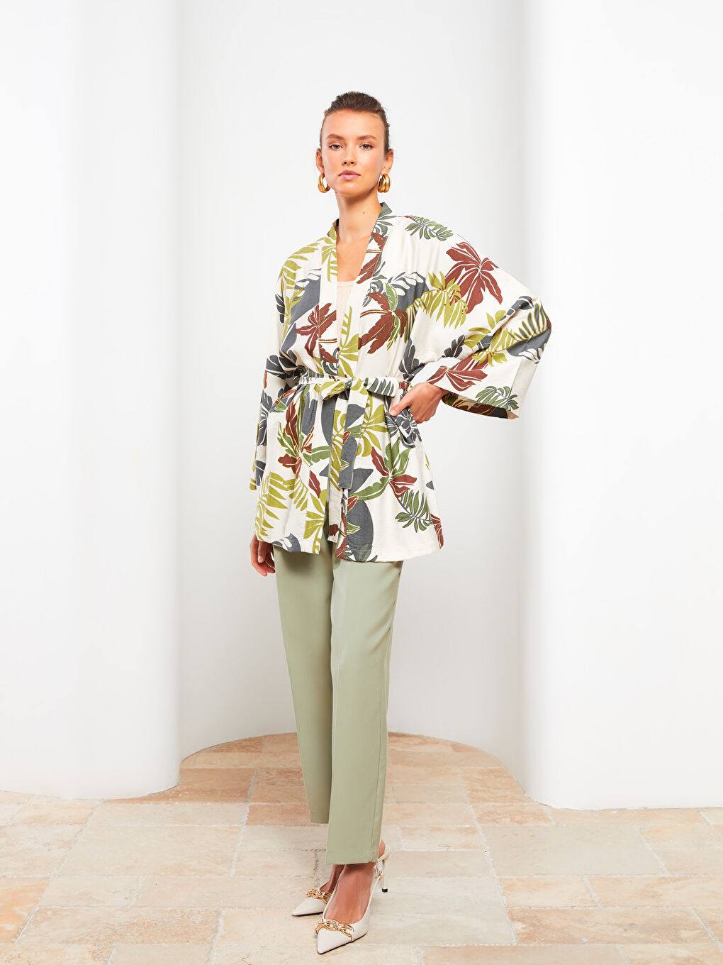 キム ページ LCW Vision Kimono din In cu Mânecă Lungă, Imprimat, Guler
