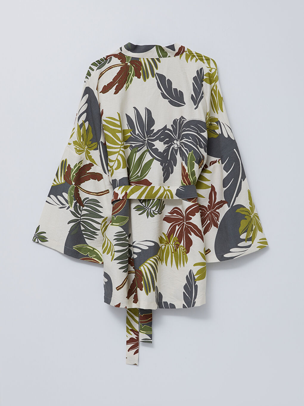 Ekru Şal Yaka Desenli Uzun Kollu Keten Kadın Kimono-6