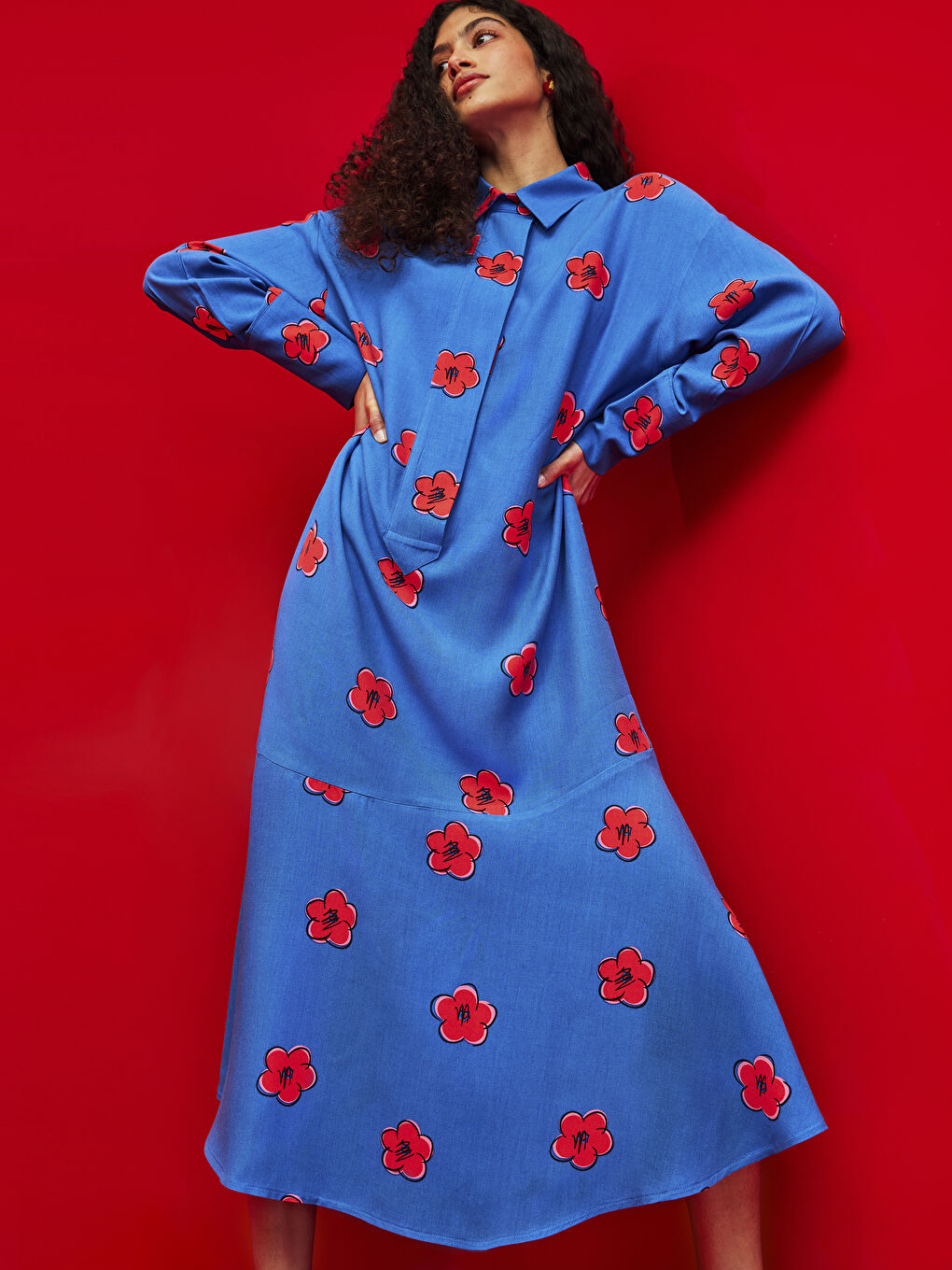 Collared Neck Floral Long Sleeve Women's Dress