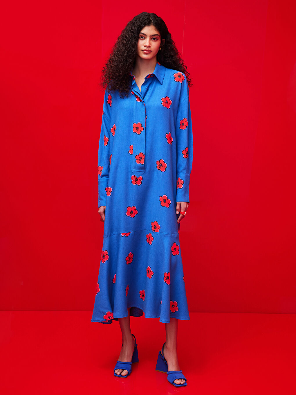 Collared Neck Floral Long Sleeve Women's Dress-1