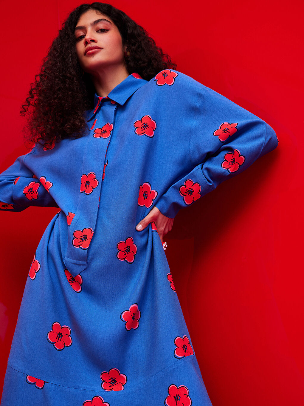 Collared Neck Floral Long Sleeve Women's Dress-2