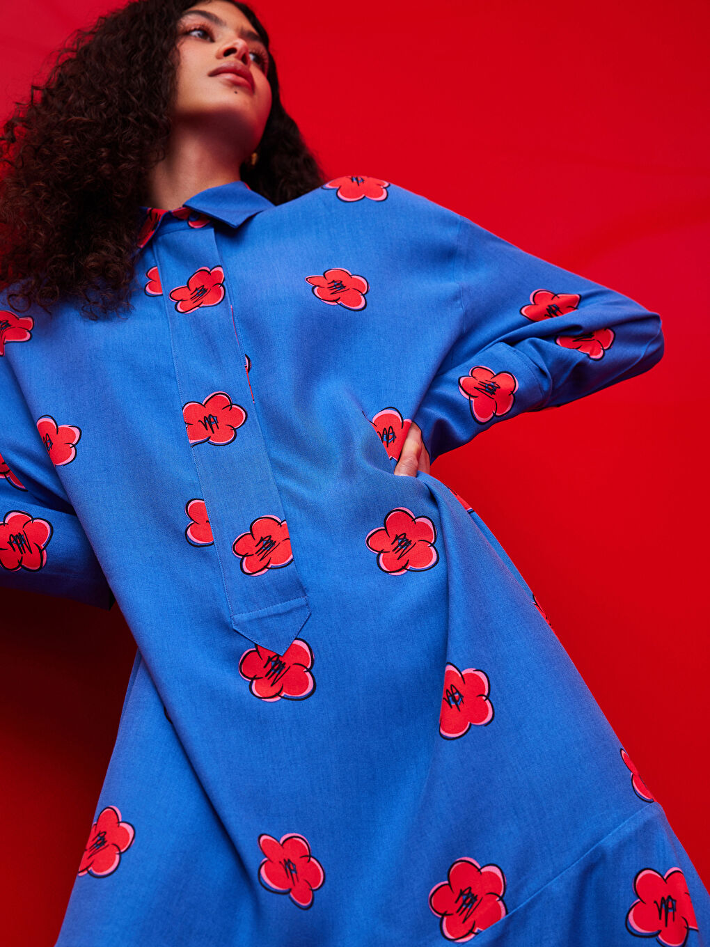 Collared Neck Floral Long Sleeve Women's Dress-3