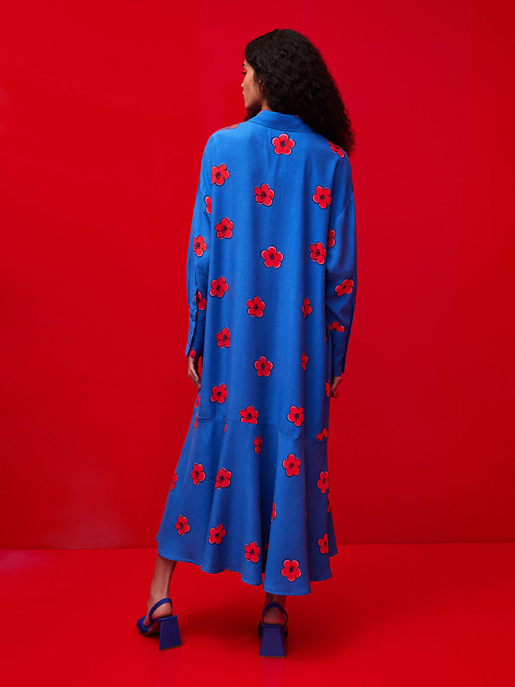 Collared Neck Floral Long Sleeve Women's Dress-4