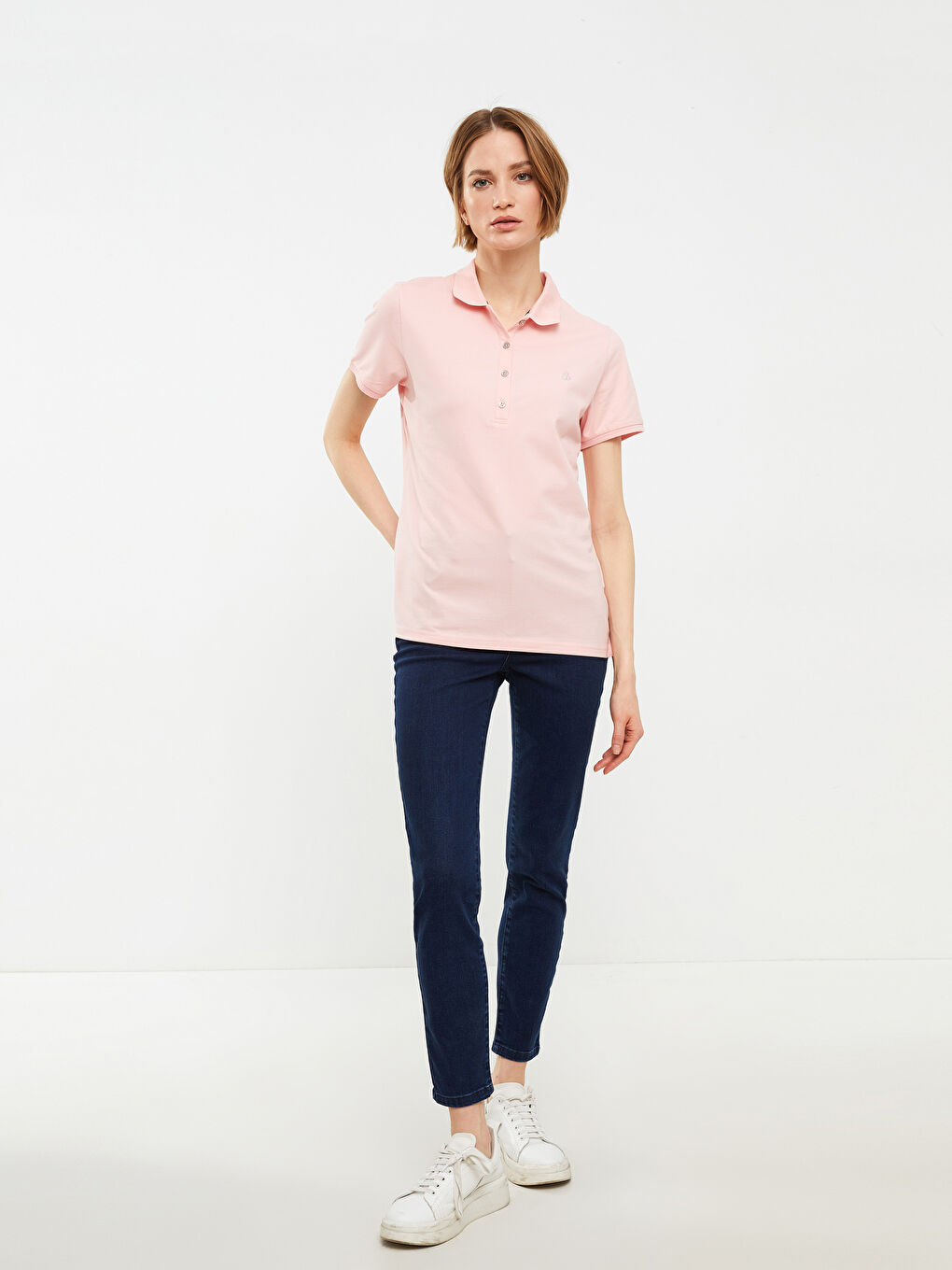 Polo Neck Embroidery Detailed Short Sleeve Women's T-Shirt-1