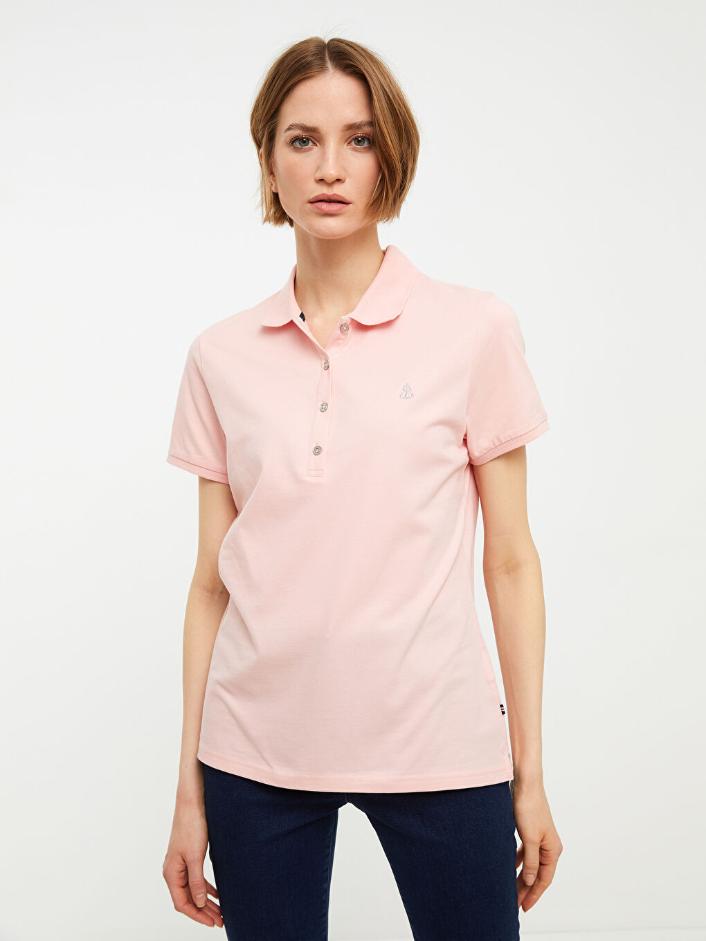 Polo Neck Embroidery Detailed Short Sleeve Women's T-Shirt-2