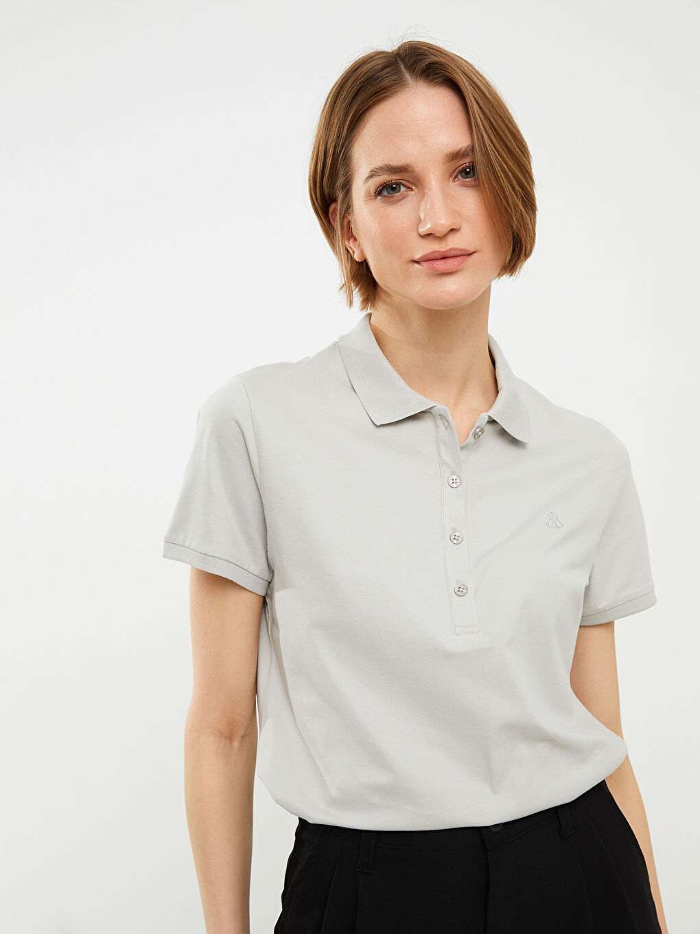 Polo Neck Embroidery Detailed Short Sleeve Women's T-Shirt