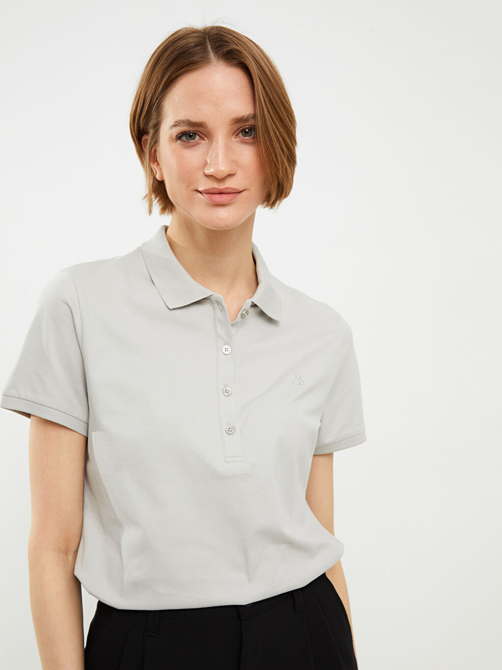 Polo Neck Embroidery Detailed Short Sleeve Women's T-Shirt-2