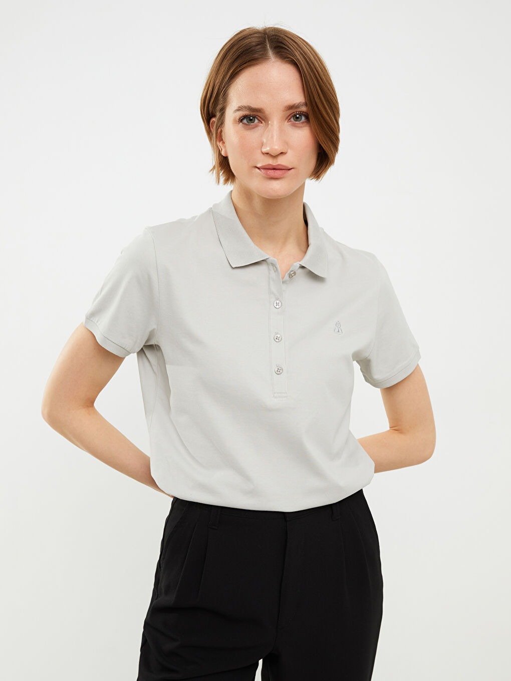 Polo Neck Embroidery Detailed Short Sleeve Women's T-Shirt-3