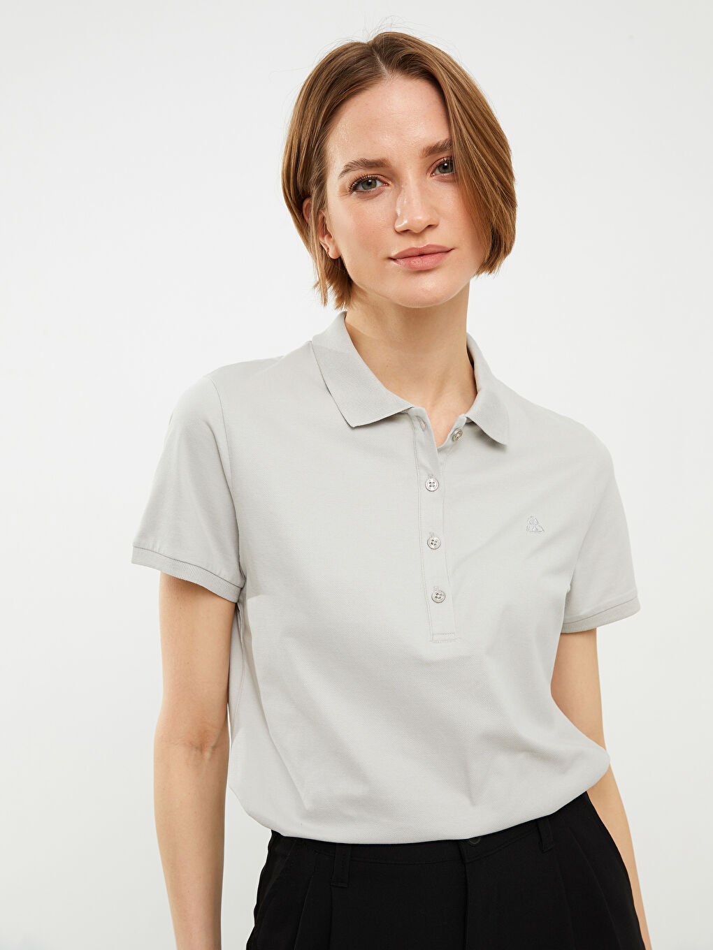 Polo Neck Embroidery Detailed Short Sleeve Women's T-Shirt-10