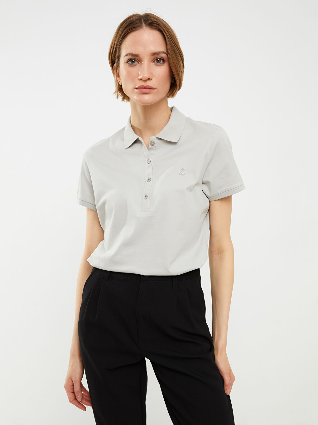 Polo Neck Embroidery Detailed Short Sleeve Women's T-Shirt-11