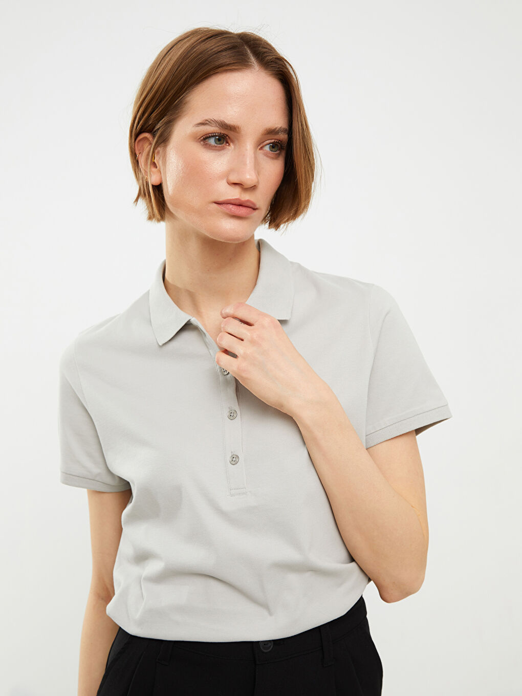 Polo Neck Embroidery Detailed Short Sleeve Women's T-Shirt-13