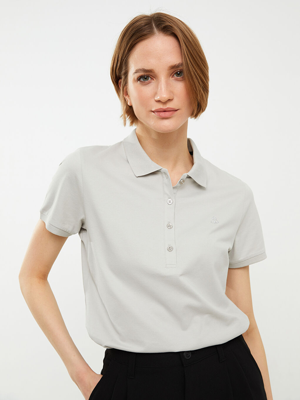 Polo Neck Embroidery Detailed Short Sleeve Women's T-Shirt-14