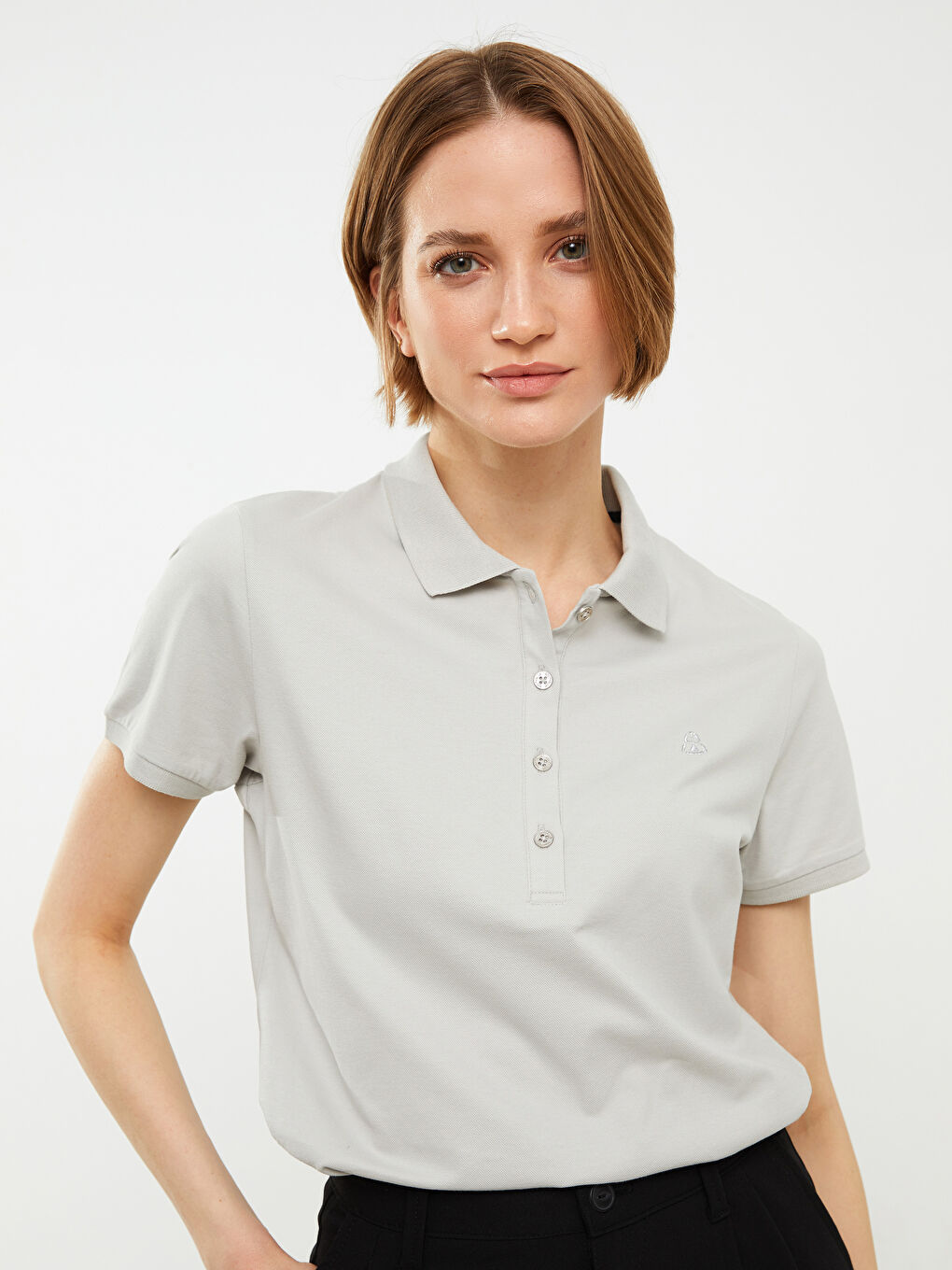 Polo Neck Embroidery Detailed Short Sleeve Women's T-Shirt-15