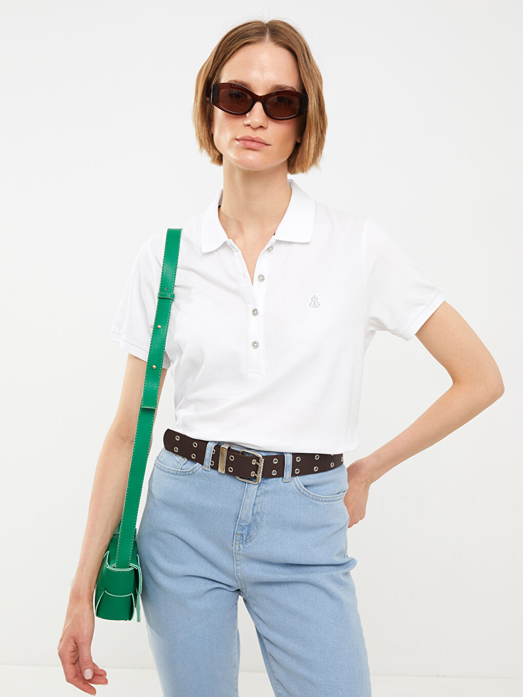 Polo Neck Embroidery Detailed Short Sleeve Women's T-Shirt