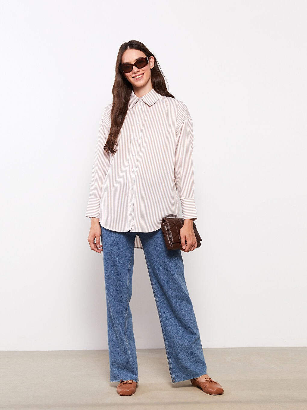 Bej Çizgili Kadın Gömlek Tunik