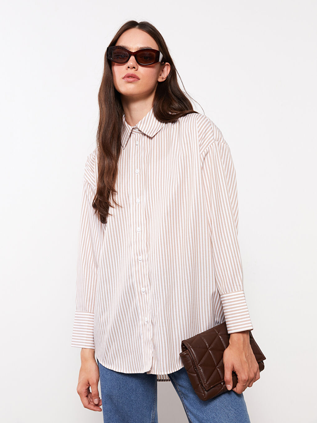 Bej Çizgili Kadın Gömlek Tunik-1