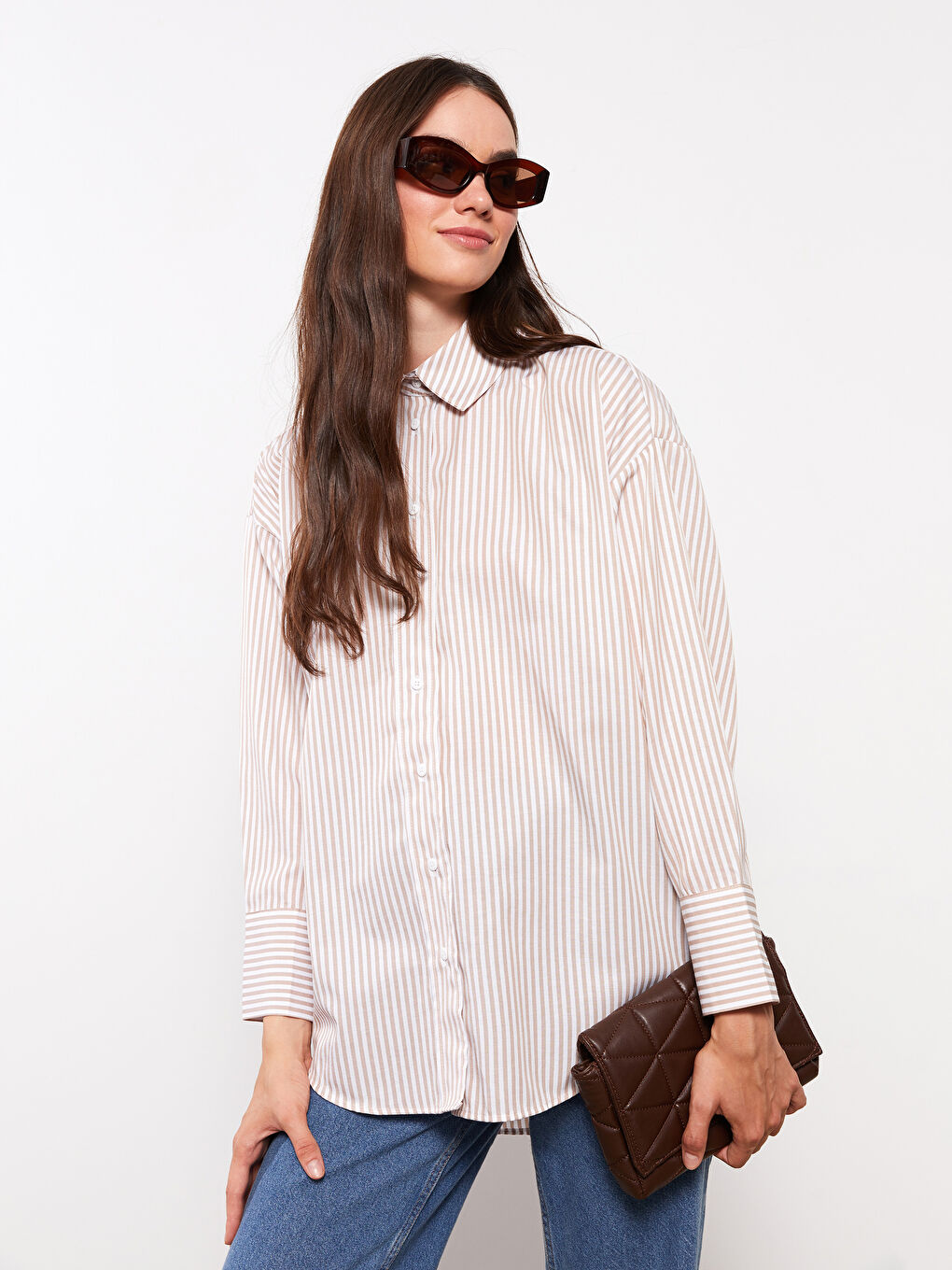 Bej Çizgili Kadın Gömlek Tunik-2