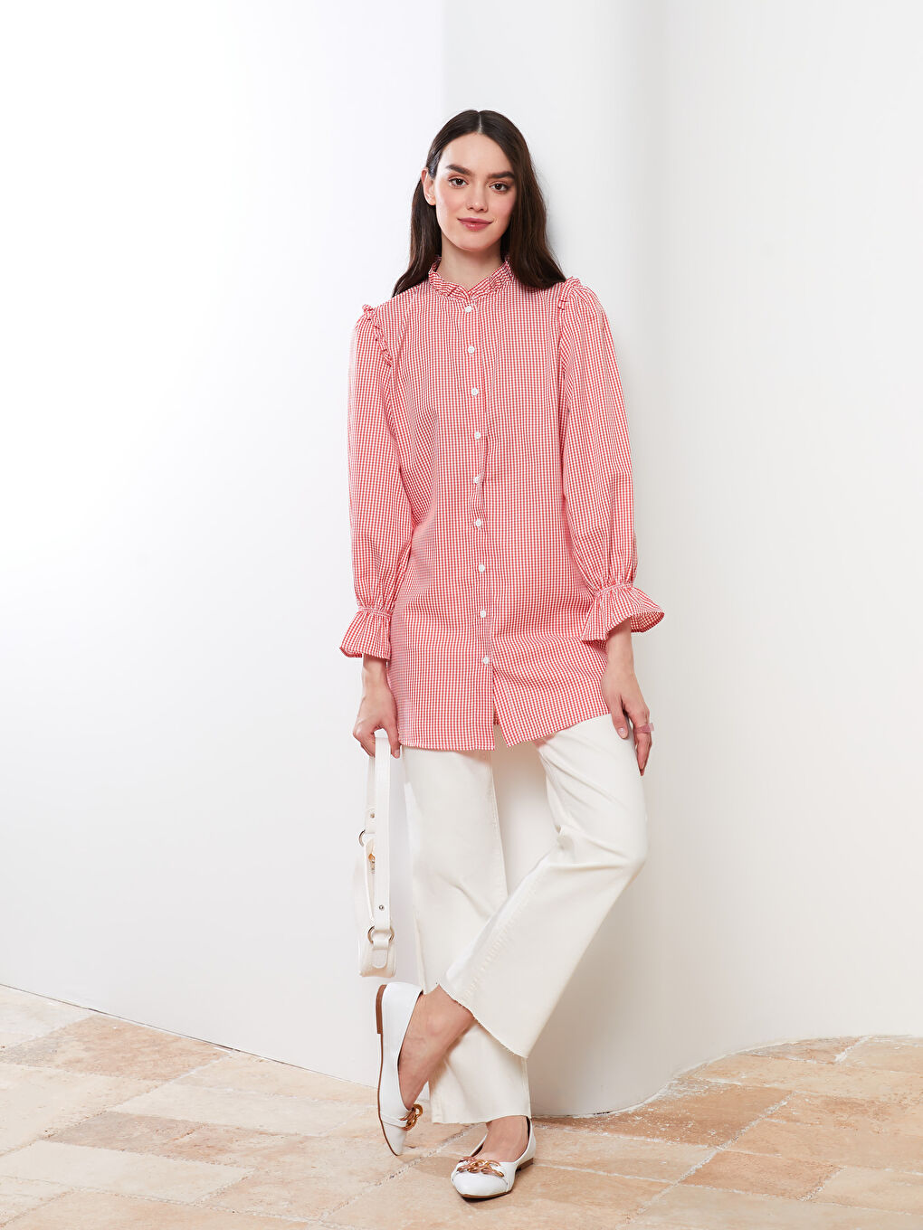 Frilly Stand Up Collar Plaid Long Sleeve Women's Tunic