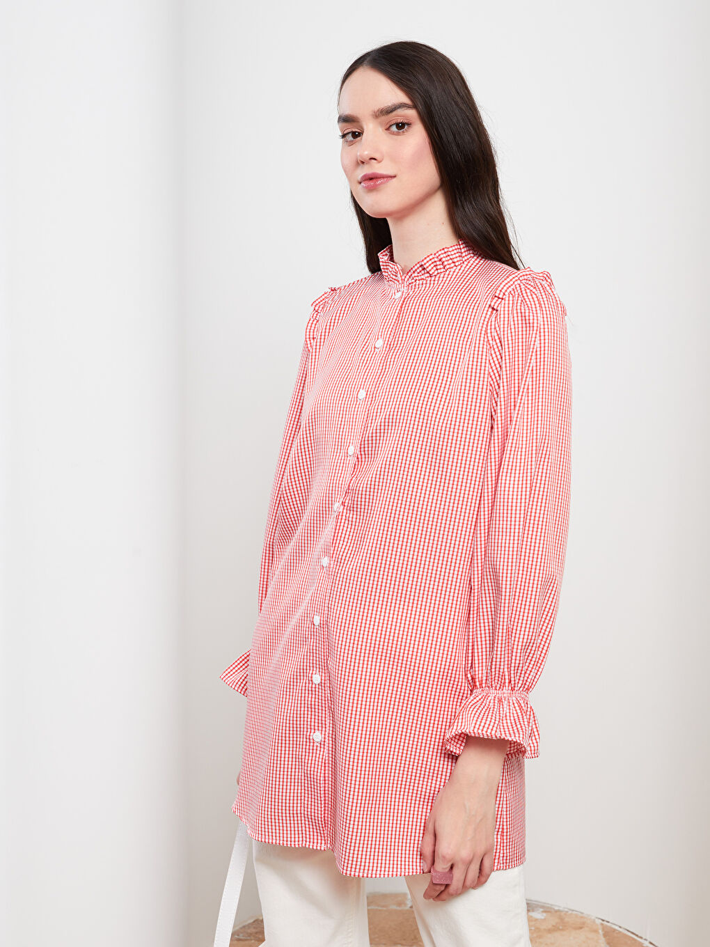 Frilly Stand Up Collar Plaid Long Sleeve Women's Tunic-1