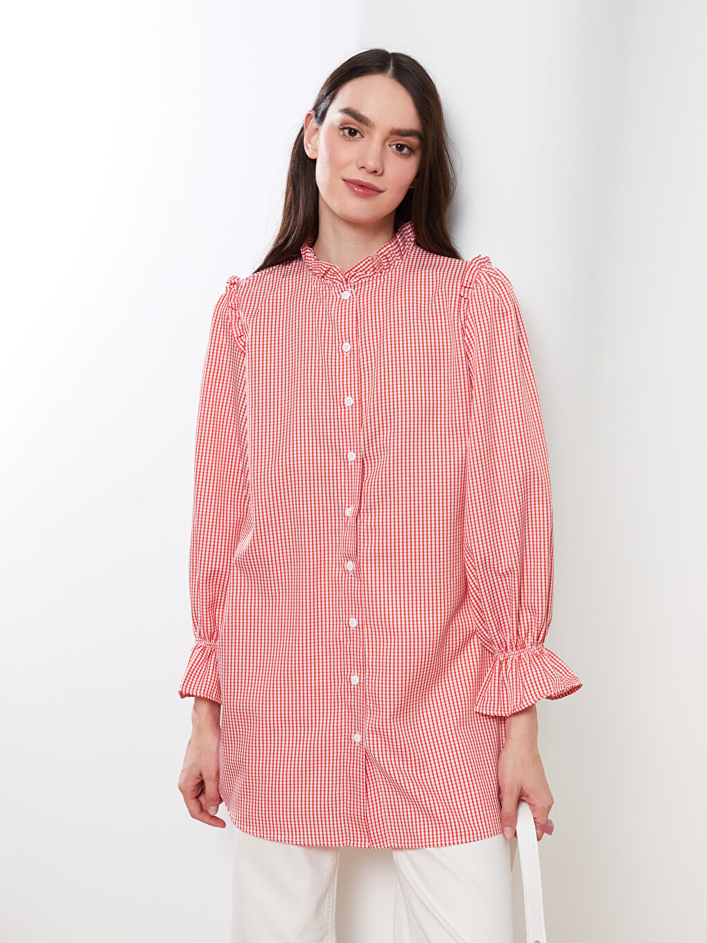 Frilly Stand Up Collar Plaid Long Sleeve Women's Tunic-2