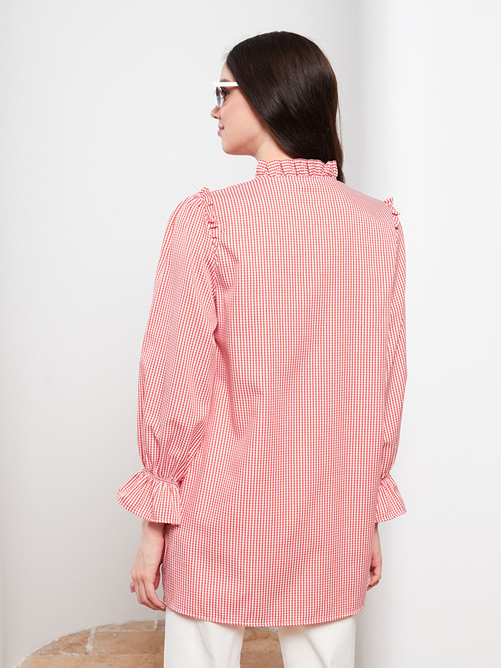 Frilly Stand Up Collar Plaid Long Sleeve Women's Tunic-4