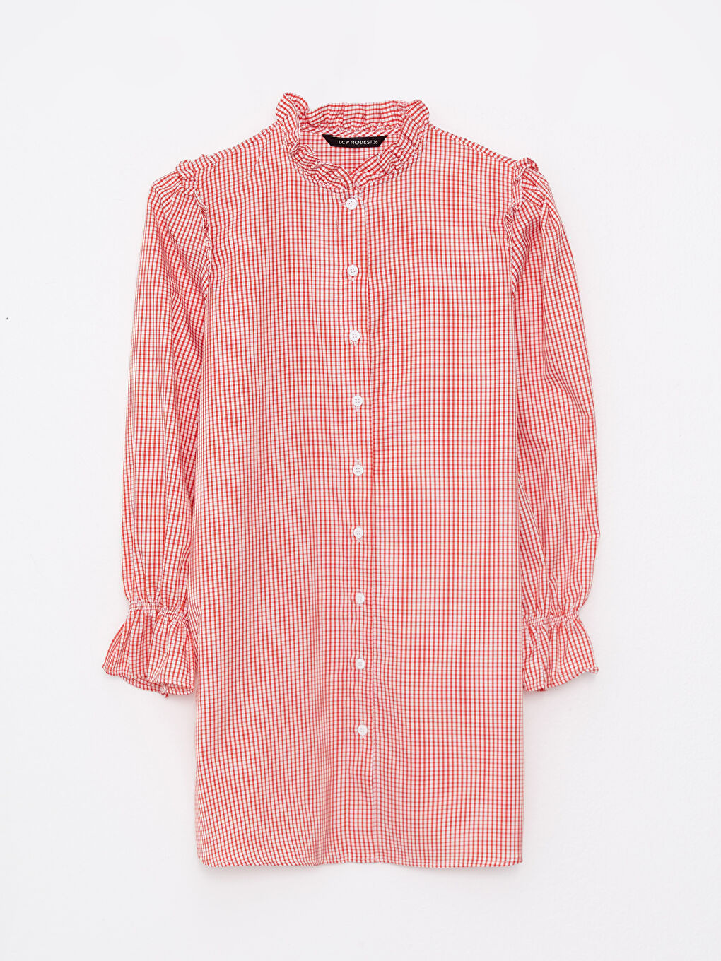 Frilly Stand Up Collar Plaid Long Sleeve Women's Tunic-5