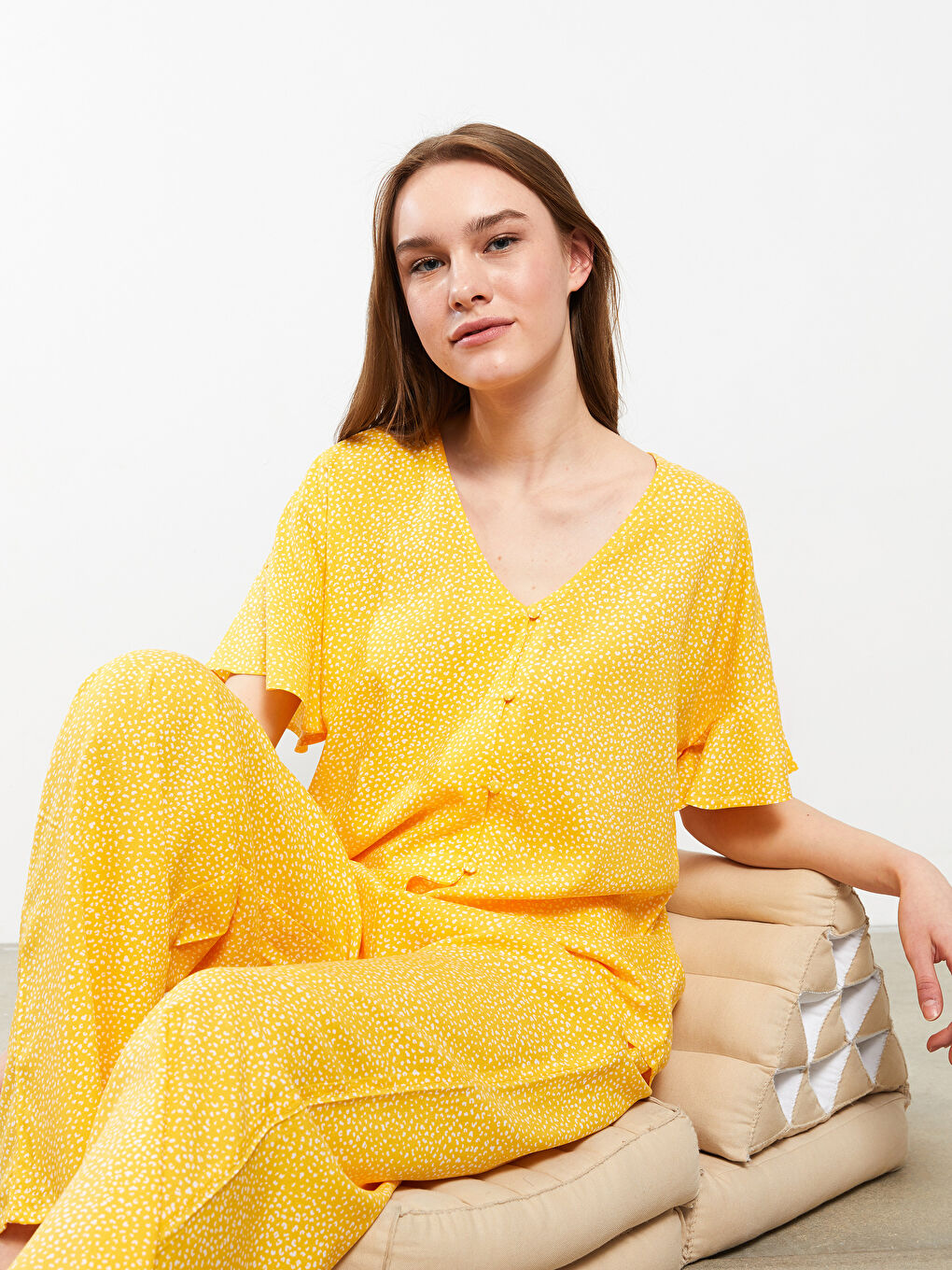 Ensemble de Pyjama pour Femmes en Viscose à Manches Courtes et Imprimé à Col en V