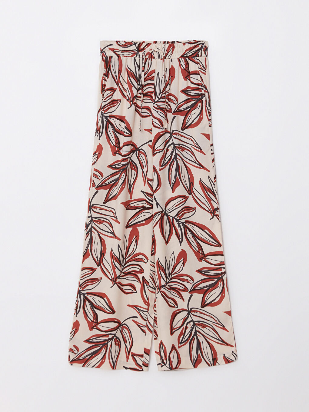 Bej Beli Lastikli Standart Fit Desenli Viskon Kadın Pantolon-5